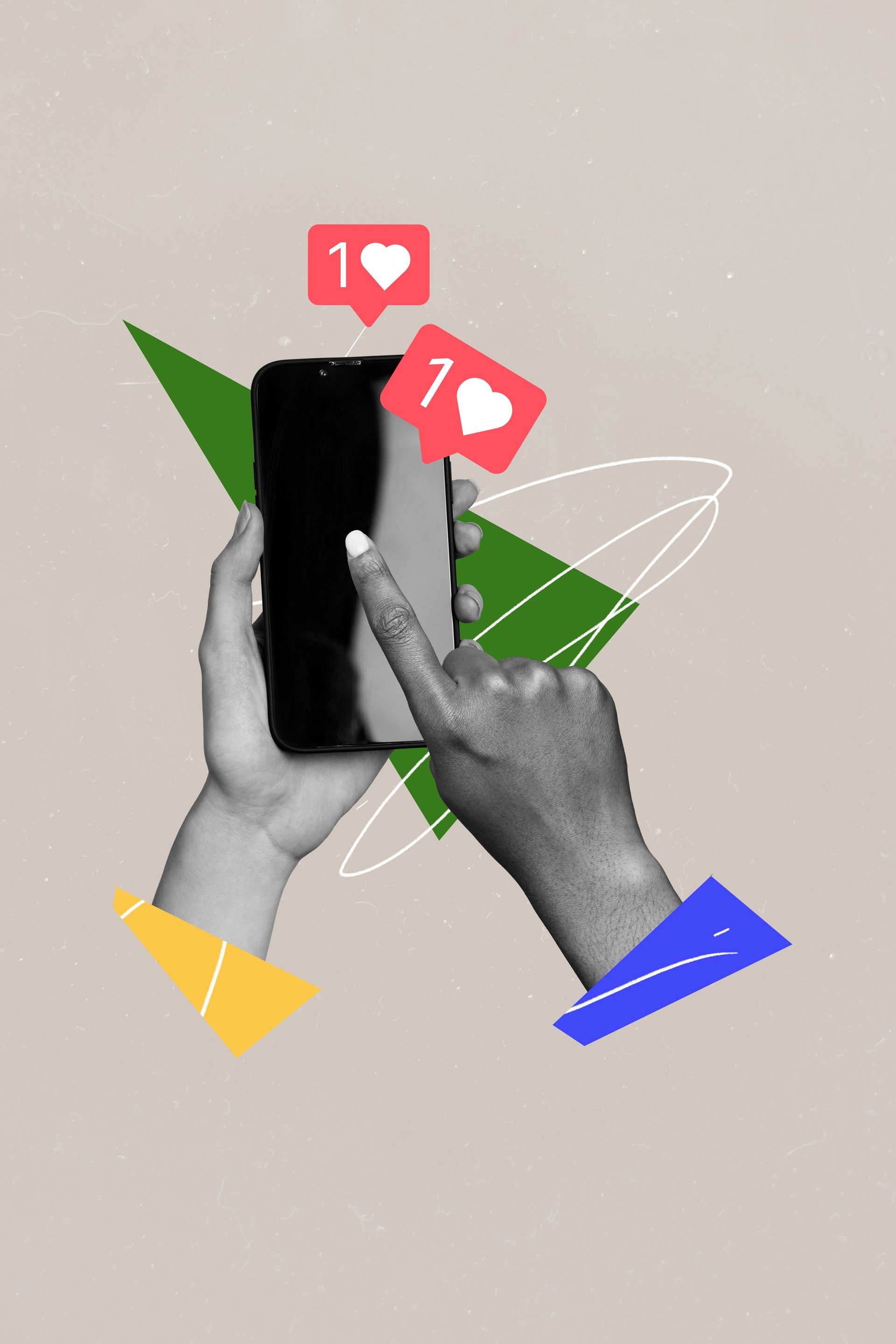 Vertical photo collage of hand hold show iphone screen notification reactions like love subscriber popular isolated on painted background
